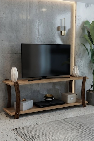 Doğal Çam Ahşap Raflı 120cm Tv Ünitesi - Minimalist Medya Sehpası