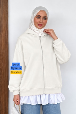 Balenbi Kadın 3 İplik İçi Polarlı Kapüşonlu Fırfır Detaylı Tesettür Basic Sweat Hırka 394 Ekru