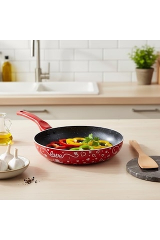 Lotus 26 Cm Sevgililer Günü Özel Seri Kırmızı Kırçıl Granit Efektli Yapışmaz Kızartma Tavası Açık Bakır