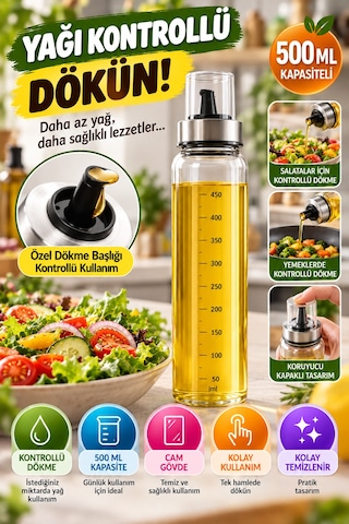 500 Ml Cam Yağlık Ölçekli Yağdanlık Kontrollü Dökme Başlıklı Kapaklı Zeytinyağı Şişesi Ve Sosluk Şeffaf