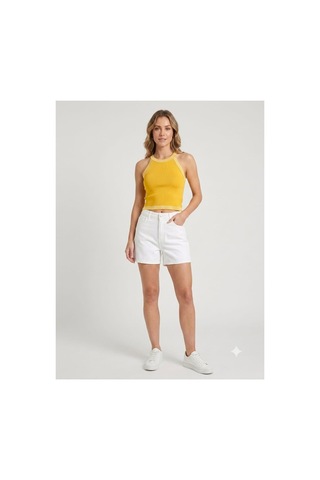Onno Style Women Kolsuz Askılı Halter Yaka Triko Kadın Bluz Sarı