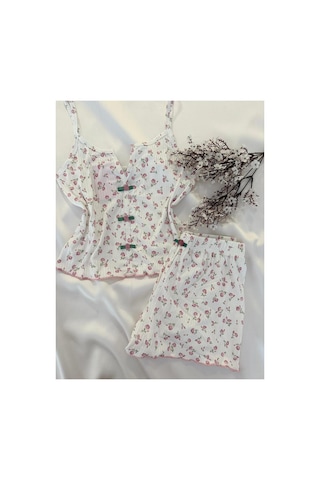 Mh Moony Homewears 2'li Harika Çiçek Detaylı Özel Kumaş Şortlu Pijama Takımı Pudra