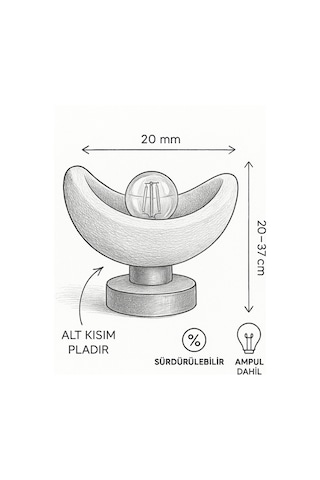 Luna Tasarım Masa Lambası Gri Bronz Detaylı Abajur Loş Amber Işık, Rustik Ampul Hediyeli 20 X 37 Cm Beyaz