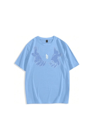 Erkek El Baskı Oversize Bebe Mavi Baskılı T-shirt - Bisiklet Yaka Kısa Kol Rahat Kalıp Tişört Bebe Mavi