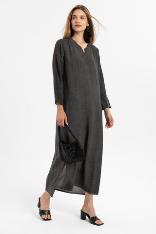 Siyah İşlemeli Uzun Kollu Astarsız Pamuklu Uzun Elbise-siyah Siyah