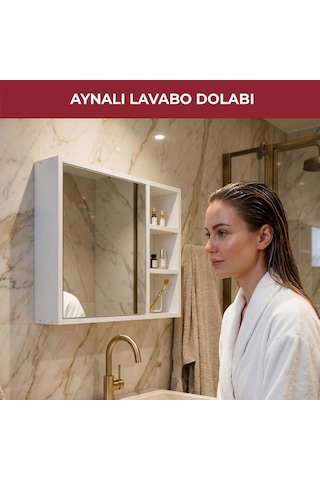Aynalı Banyo Dolabı, Lavabo Üstü Tek Kapaklı 3 Raflı Çok Amaçlı Duvar Tipi Banyo Üst Dolabı, Beyaz Çok Renkli