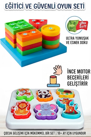 Oyuncak Eğitici Set Neşeli Hayvanlar Bultak + Yumuşak Geometri Şekiller Set