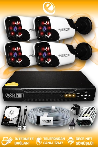 Elitcam 4 Kameralı Panda 4 Dış Kamera Set 500 GB HDD Full HD Gece Görüşlü Güvenlik Kamerası Sistemi