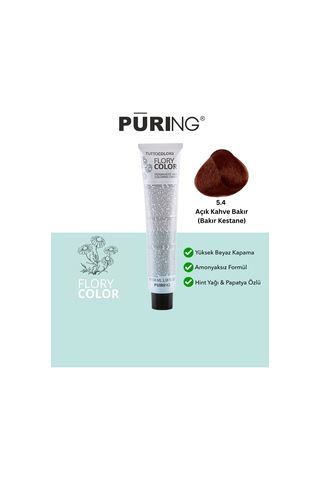 Puring Flory Color Papatya Özlü Amonyaksız Saç Boyası Bakır Kestane 100 ML 5.4 Açık Kahve Bakır