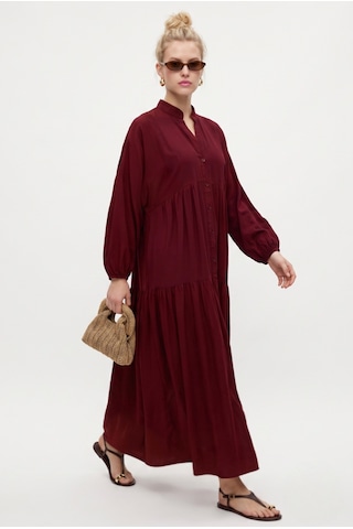 Ritnice Kadın Modest New Base %100 Viskon Bordo Maksi Boy Yazlık Elbise