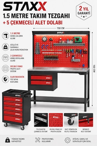 Staxx Stax1550x 1.5 Metre 3 Çekmeceli Endüstriyel Takım Dolabı Tezgahı Atölye Tezgahı + 5 Çekmece