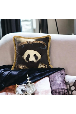 Özenev Panda Desenli Lüks Dekoratif Hayvan Figürlü Bej Saçaklı Avangard Kadife Kırlent Kılıfı Sanatsal Tasarı Genel