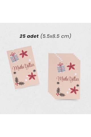Yılbaşı Mutlu Yıllar Yazılı Hediye Kart Seti, Yeniyıl Paketleme Kartı, 25 Adet-5,5x8.5 Cm, Bej-2