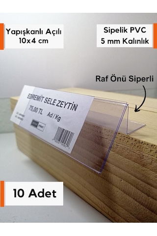 10 Adet Pvc Etiketlik 10x4 Cm Arkaya Yatık Yapışkanlı Raf Önü