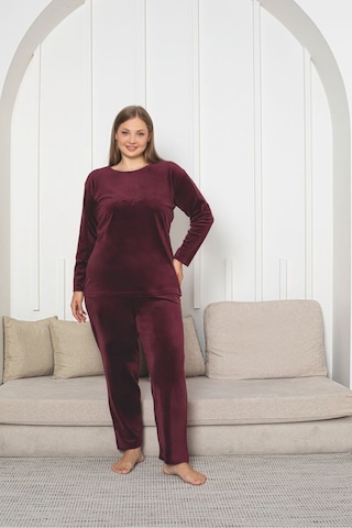 Büyük Beden Kırmızı Likralı Soft Kadife Pijama Takımı Bordo
