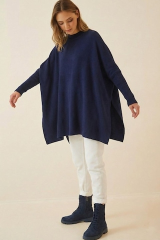 Onno Style Women Düz Triko Standart Panço Lacivert