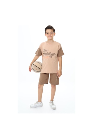 Erkek Çocuk Kısa Kollu Yazı Baskılı Şortlu Takım-5893-Kahverengi