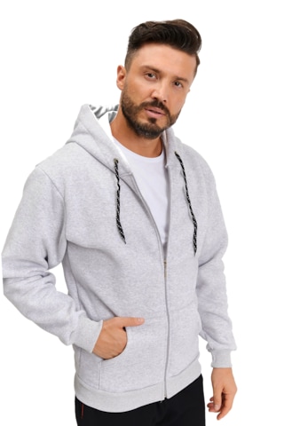 Gri 3 İplik Fermuarlı Kapşonlu Sweatshirt Gri