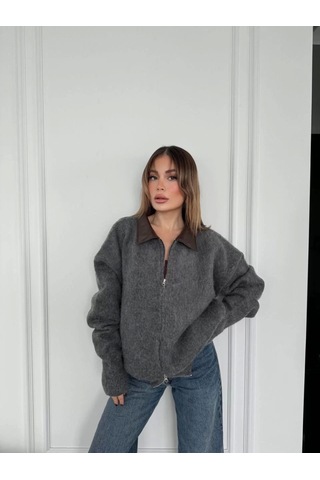 Deri Yakalı Pamuk Dokulu Çift Taraflı Çalışan Fermuar Ceket - Füme Füme