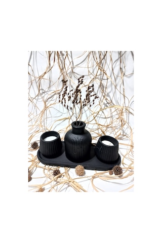 Küp Vazolu Tabaklı Tealight Mumluk Set Siyah