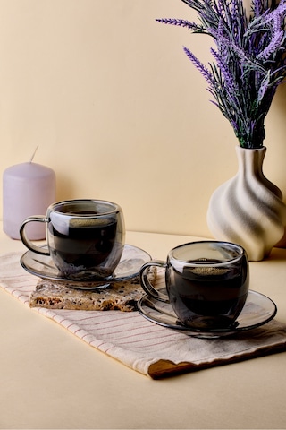 Füme 2'li Çift Cidarlı Kahve Fincanı 90 Ml 4 Parça Set Fume Füme