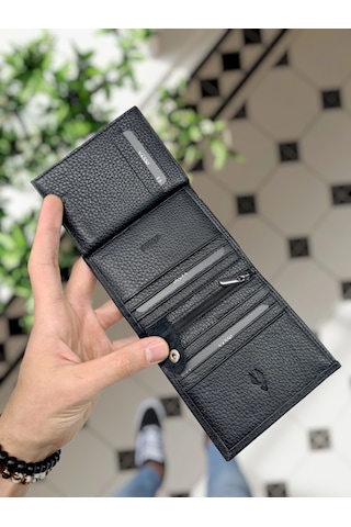 Visso 114 Hakiki Deri Çanta İsme Özel Çıtçıtlı Siyah Cüzdan Siyah