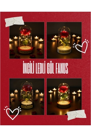 İncili Işıklı Ters Fanus İçinde Gül Obje