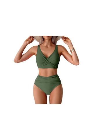 2 Adet/set Kadın Bikini Seti Derin V Yaka Dolgulu Telsiz Sütyen Yüksek Bel Yüzme Şortu Seti Düz Renk Yırtmaçlı Tasarım Plaj Giyim Haki