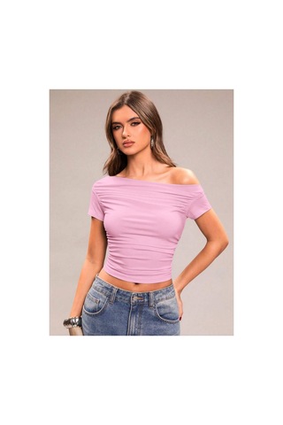Wild Flower Asimetrik Yaka Kadın Crop Bluz Omuz Dekolteli Açık Pembe