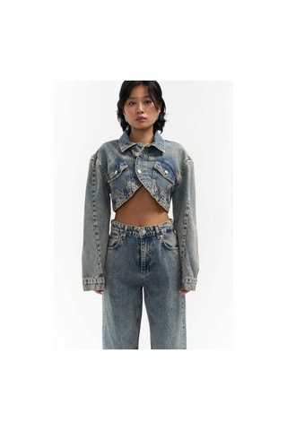 Mai Collection Mai Studios Co. Cali Çapraz Detay Kirli Yeşil Crop Jean Ceket Mavi