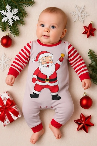 Pekminibebe Noel Baba Detaylı Bebek Tulum Pamuk Kırmızı