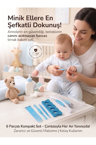 Bebek & Çocuk Tırnak Bakım Seti - Tırnak Makası, Törpü, Ayak Parmak Ayırıcı Ve Şeffaf Çantalı Manikür Seti Mavi