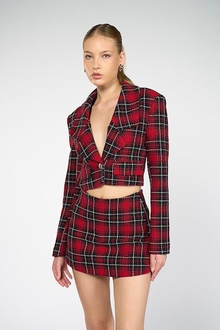 Kadın Kırmızı Ekoseli Crop Blazer Kırmızı