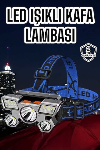 Ultra Güçlü Led Işık Şarjlı Kafa Lambası Balıkçı Lambası Kafa Feneri Siyah