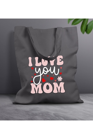 Bk Gift Anneler Günü Tasarımlı Antrasit Kumaş Bez Çanta, Baskılı Omuz Çantası, Alışveriş Çantası, Anneler Günü Hediyesi, Anneye Hediye-2 Çok Renkli