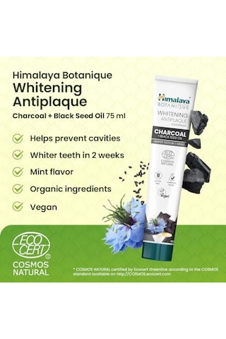 Himalaya Botanique Beyazlatıcı Plak Karşıtı Diş Macunu 75 Ml Ecocert Cosmos Sertifikalı Organik Aktif, Kömür, Çörek Otu Yağı Florür Ve Gluten İçermez