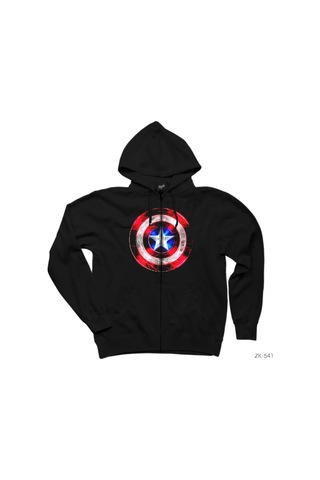 Captain America Sheild Neon Siyah Fermuarlı Kapşonlu Sweatshirt Siyah