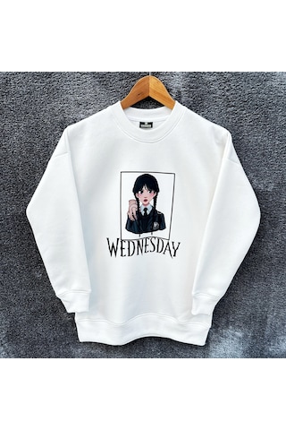 Wednesday Oversize Baskılı Pamuklu  Uzun  Kollu Bisiklet Yaka Sweatshirt Ekru