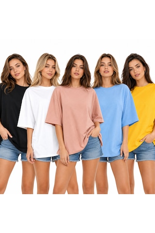 Polymood Kadın 5'li Set Oversize %100 Organik Pamuk Yakası Ribanalı T-shirt Siyah-beyaz-gök Mavisi-pudra-sarı