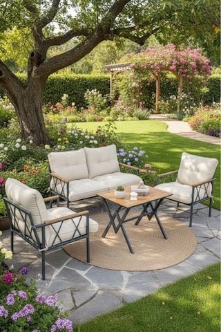 Ard & Garden Miray 211 Masalı Krem Fermuarlı Bahçe Balkon Takımı, Salon, Teras- Berjer Düğmeli Metal Çay Seti Krem