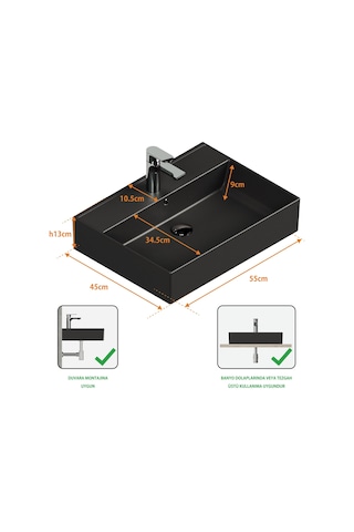 Aqua Bagno Plan Tezgah Üstü Kare Lavabo 55 x 45 CM Mat Siyah
