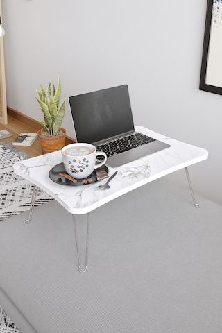 Taşınabilir Katlanır Yatak Koltuk Üstü Hasta Servis Bilgisayar Çalışma Sehpası Beyaz Mermer