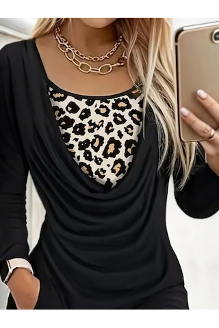 Kadın Uzun Kollu Degaje Yaka Leopar Detaylı Cepli Kısa Sandy Elbise Siyah