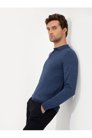 Cacharel İndigo Slim Fit Polo Yaka Basic Triko Kazak Mavi