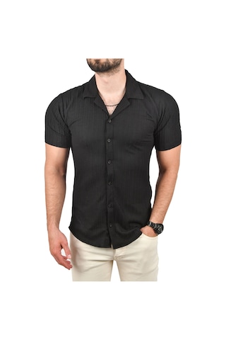 Deepsea Erkek Siyah Slim Fit Pamuklu Apaş Yaka Kısa Kol Penye Gömlek Dokulu Jakar Kumaş Dar Kesim Spor Gömlek 2501216 Siyah