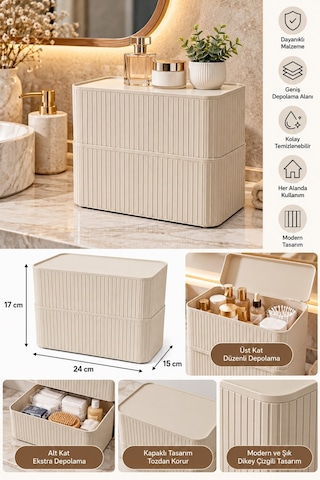 2 Katlı Kapaklı Düzenleyici Krem Renk 24x15x17 Cm Çok Amaçlı Saklama Kutusu Banyo Ve Makyaj Organizeri