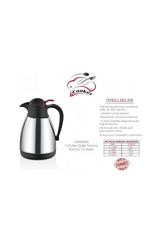 Cooker 1.2 Litre Çift Katlı Paslanmaz Çelik Sürahi Termos Ckr2003