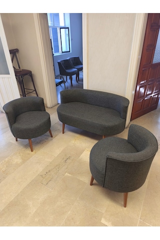 Azra Mobilya Sydney Çay Seti Koltuk Takımı Keten Kumaş 2+1+1 Ceviz Ayak Modern Salon & Ofis Takımı Füme Koyu Gri