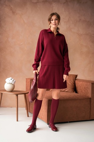 Kadın Polo Yaka Düşük Kol Kazak Kısa Etek İkili Triko Takım Bordo