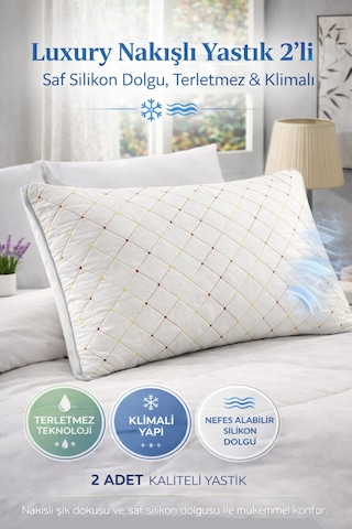 Premium Nakışlı 2 Li Yastık Terletmez Klimalı, Saf Silikon Dolgu Beyaz
